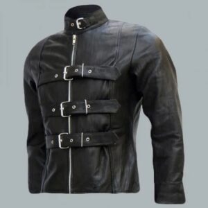 Belted Men’s Black Leather Biker Jacket
