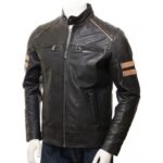 Men’s Cafe Racer Striped Leather Biker Jacket