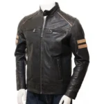 Men’s Cafe Racer Striped Leather Biker Jacket