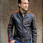 Men’s Orange Stripes Distressed Leather Jacket