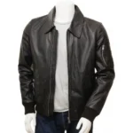 Men’s Black and Dark Blue Classic Real Leather Bomber Jacket