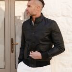 Black Buttoned Leather Bomber Jacket
