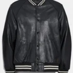 Men’s Snap Tab Closure Black Leather Bomber Jacket